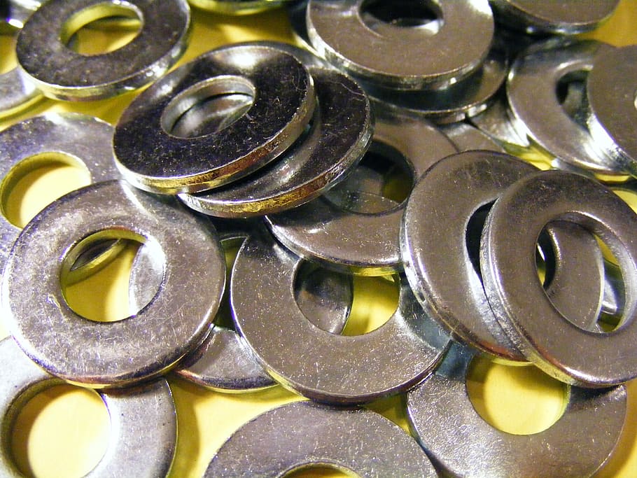 silver ring lot, nut, construction, industry, steel, threaded, HD wallpaper
