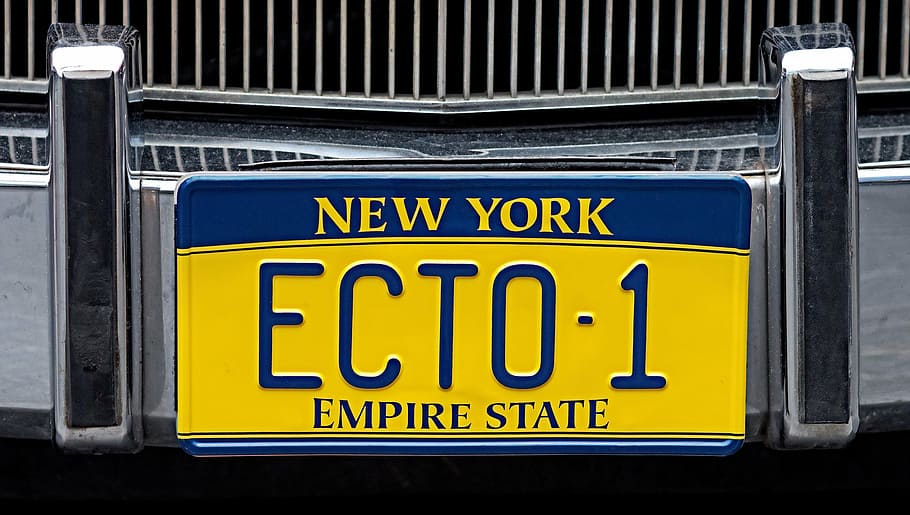 New York ECTO-1 Empire State license plate, ghostbusters, licence, HD wallpaper