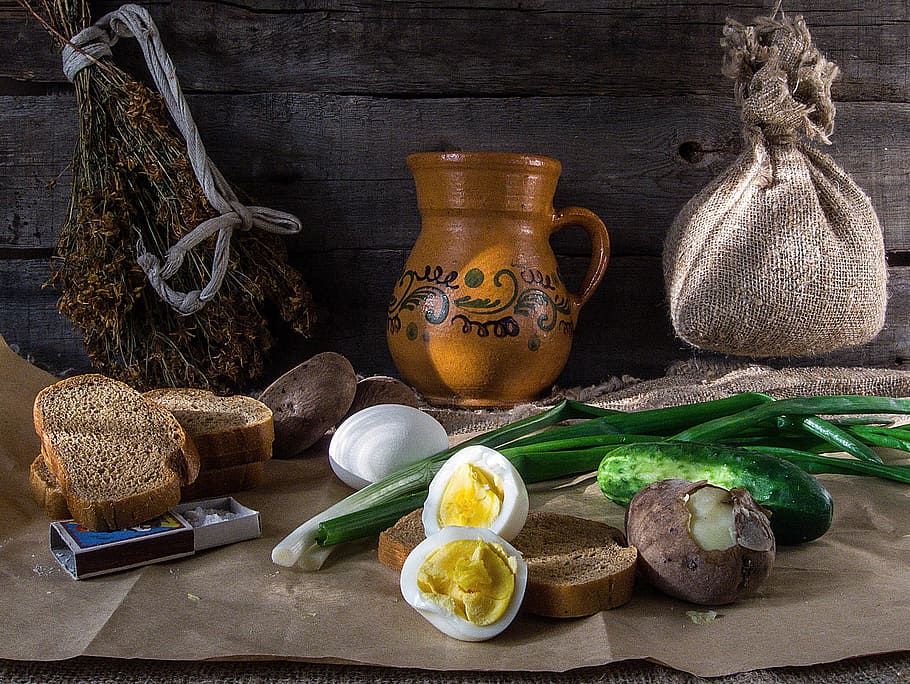 Still Life, Egg, Bread, Onion, flour, food, olive oil, cutting board HD wallpaper