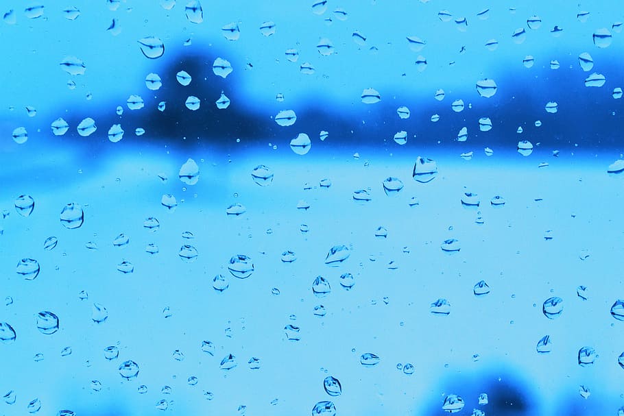 glass with water droplets, drip, blue, window, drop of water HD wallpaper