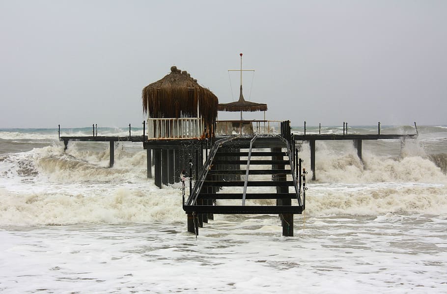 brown sea dock splashed by waves landscape photography, surf HD wallpaper