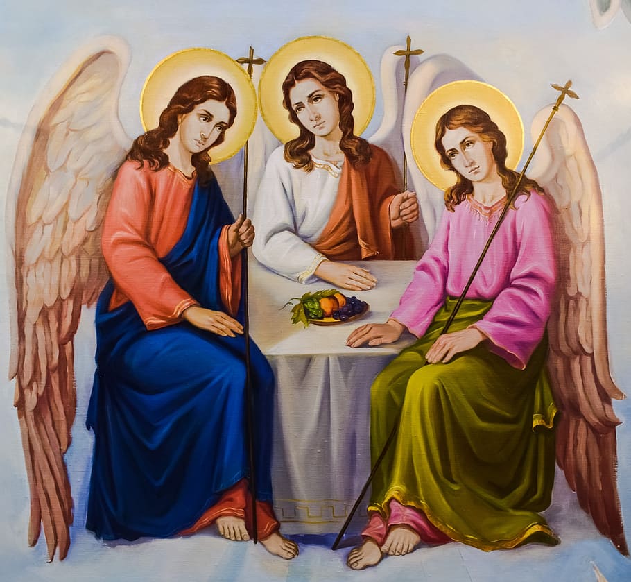 three angels sitting by a white table painting, Ceiling, tamassos bishop