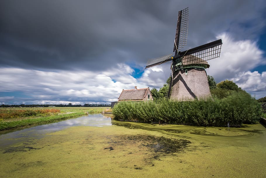 gray windmill and green trees, pond, clouds, sky, landscape HD wallpaper