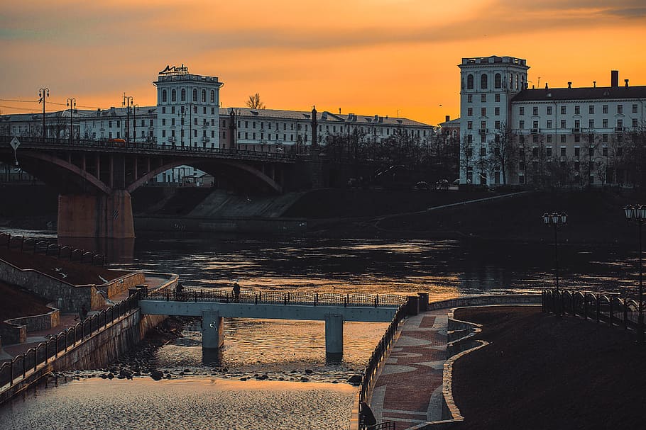 Bridge Near High-rise Building, architecture, backlit, buildings HD wallpaper