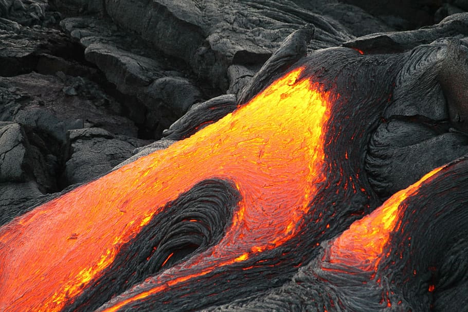 flowing lava, volcano, eruption, landscape, active, hot, geological HD wallpaper