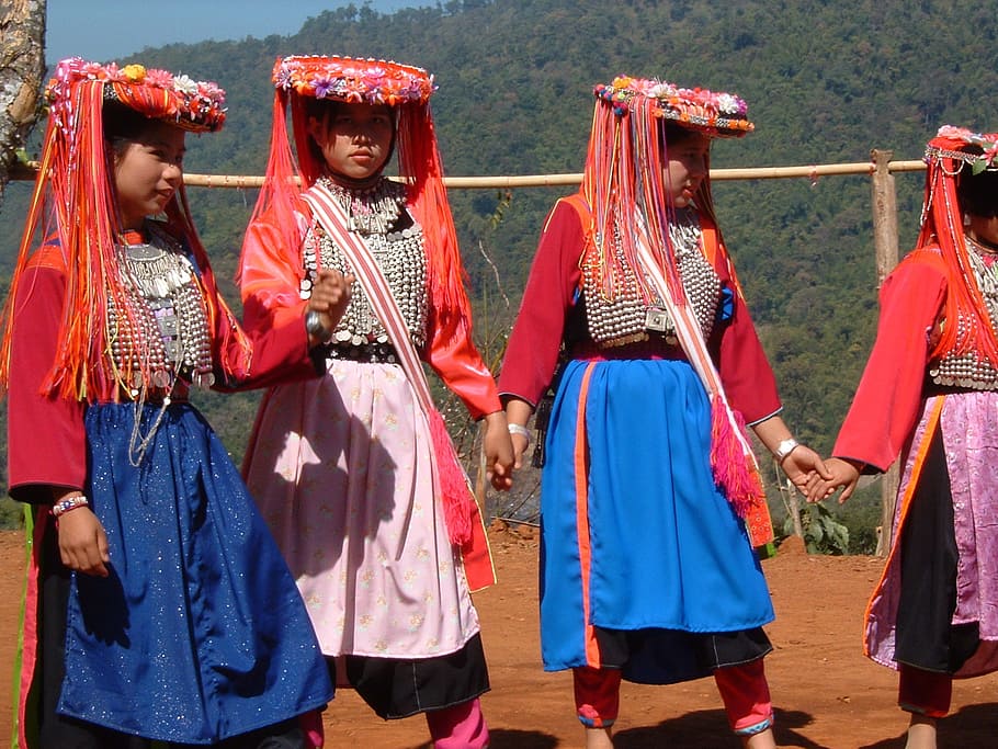 girls dancing with costumes at daytime, tribal, people nature