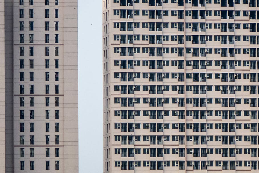 Apartment blocks, beige concrete building, housing, windows, repetitive, HD wallpaper