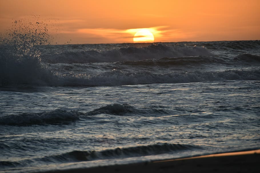 sunset, sea, summer, beach, backlight, horizon, landscape, wave HD wallpaper