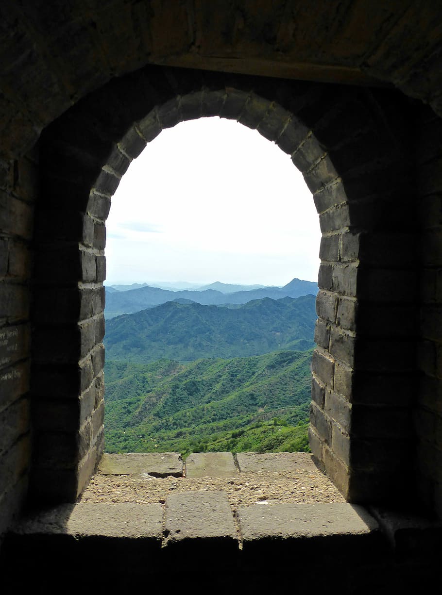 Window, View, Mountains, window view, arch, scenery, natural HD wallpaper