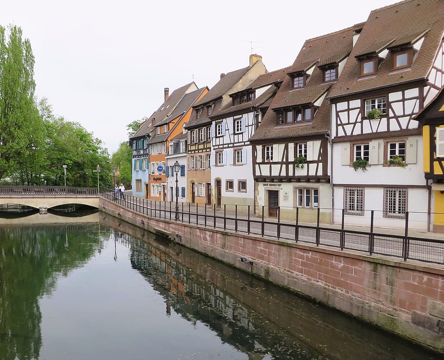 alsace, colmar, docks, river, reflections, studs, old houses HD wallpaper