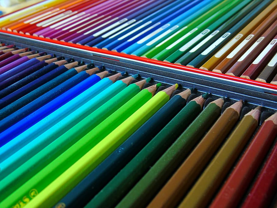 assorted-color pens, colored pencils, watercolor pencils, paint