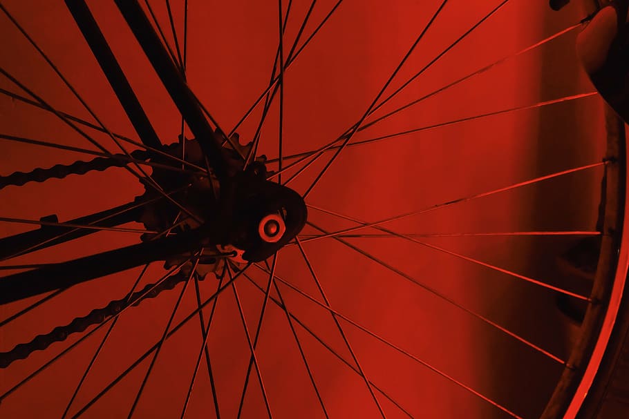 bike, bicycle, wheel, tire, spoke, chain, red, transportation