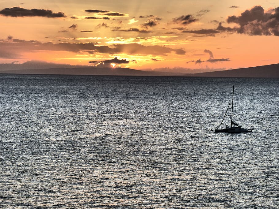 sunset, boat, ocean, sky, water, nautical vessel, sea, cloud - sky HD wallpaper