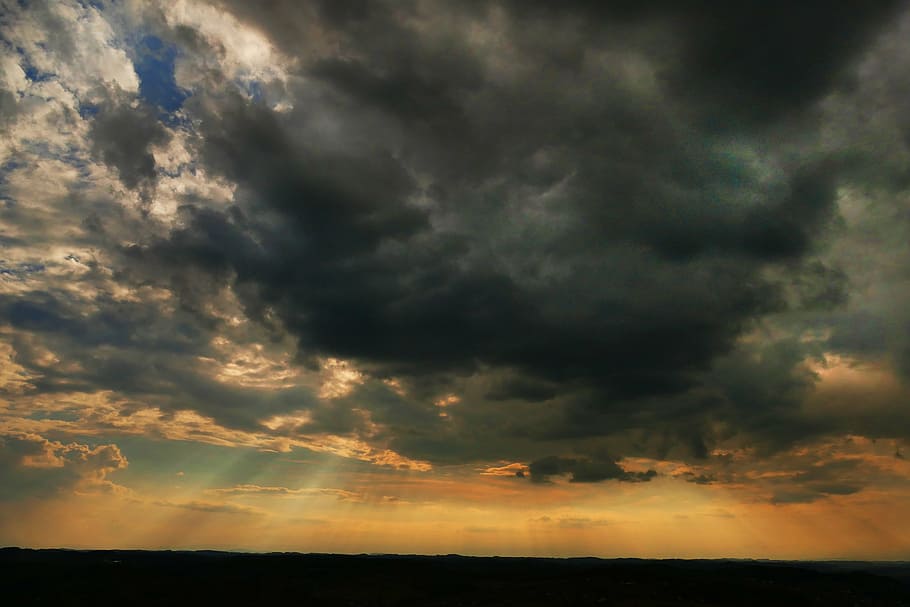 sky, clouds, nature, sunset, landscape, sunlight, light beam HD wallpaper