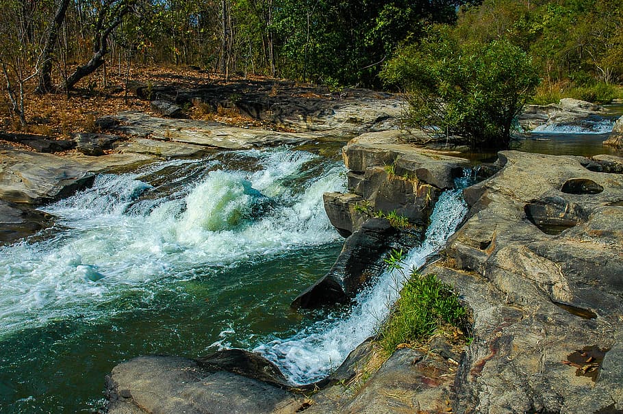 river landscape, waterfall, tree, flowing water, rock, solid HD wallpaper