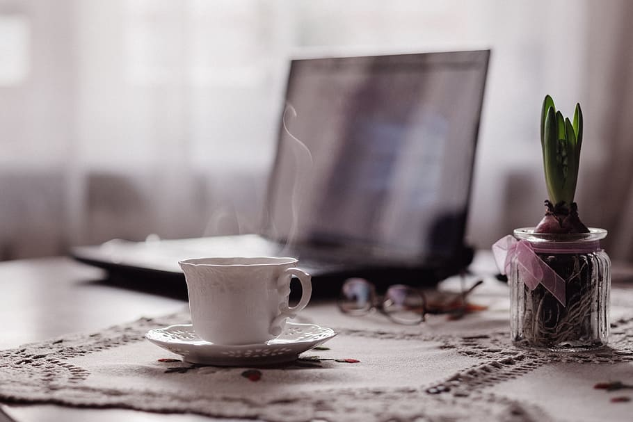 white ceramic teacup with saucer, coffee, laptop, breakfast HD wallpaper