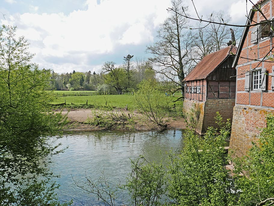 spring in the münsterland, old mill, truss, river, waters