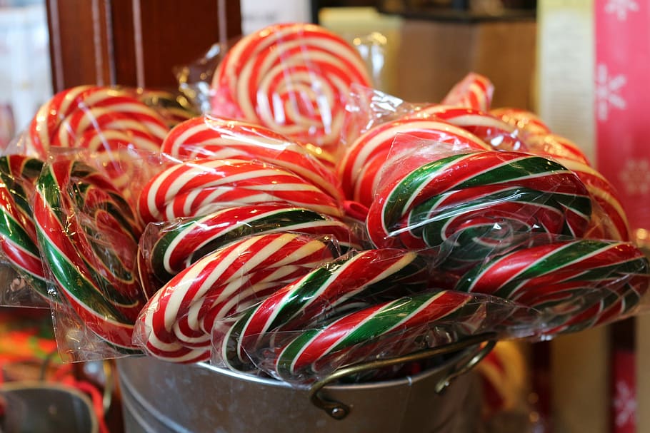 assorted candy canes in gray bucket, christmas, sucker, peppermint, HD wallpaper