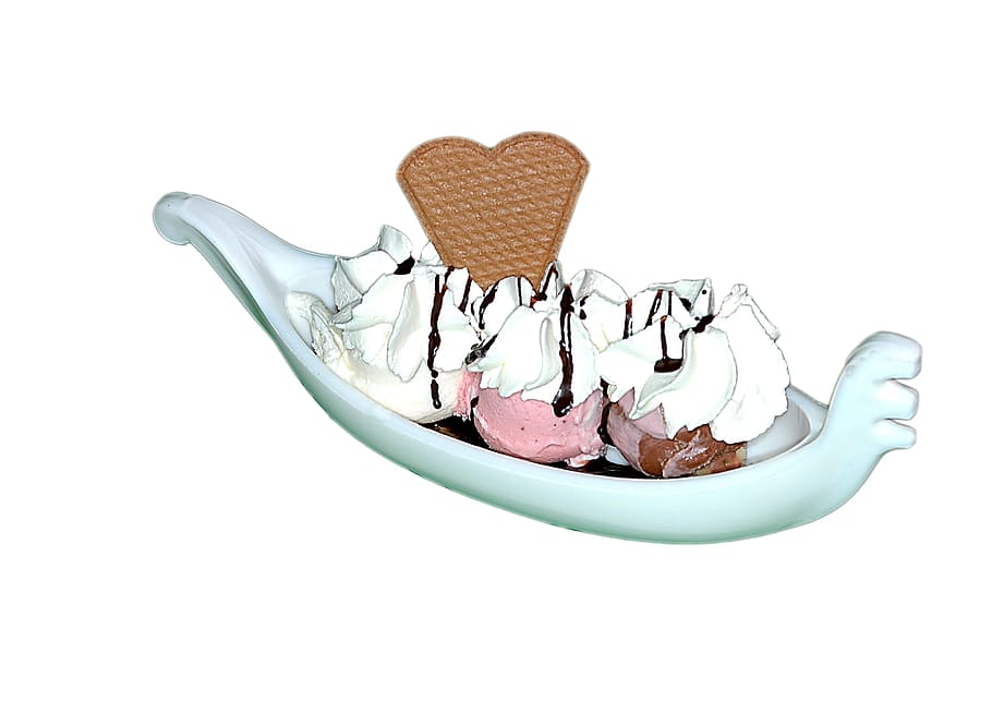 ice cream with icing on white ceramic tray, Banana Split, ice cream sundae
