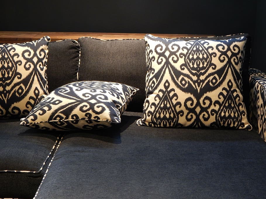 three throw pillows on black couch, sofa, furniture, interior