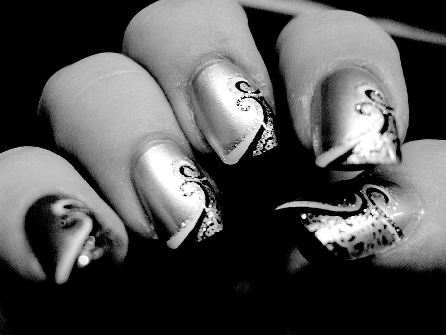 grayscale photography of nail polish, fake, nails, black, white, HD wallpaper