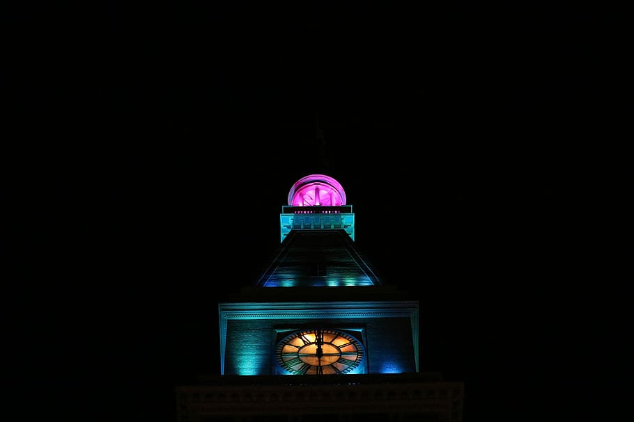 building at night with neon lights, pink and yellow lights, church HD wallpaper
