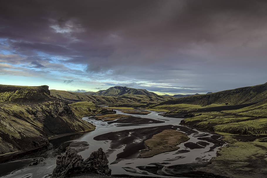 river near mountain landscape photography, river surrounded by green mountains during daytime HD wallpaper