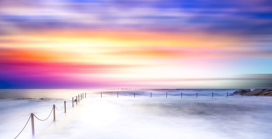 black fence on white filled, sunset, sky, water, ocean, sea HD wallpaper