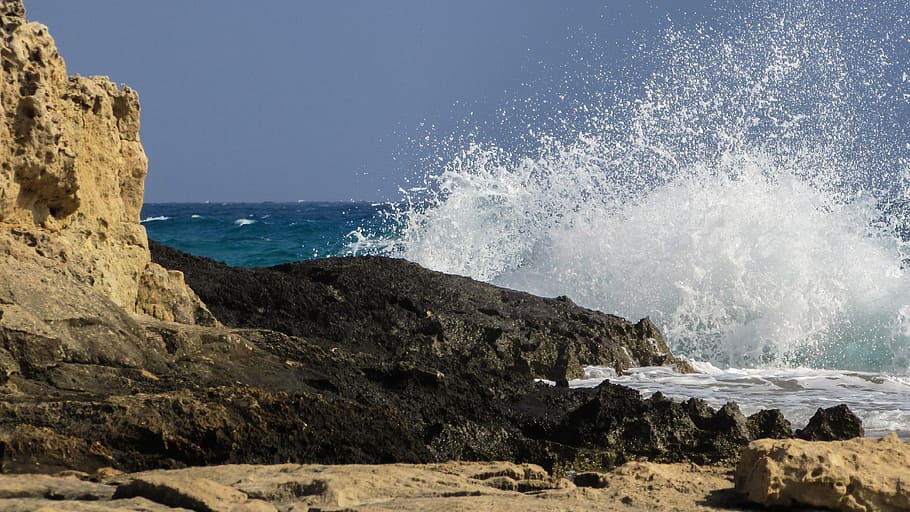 Rock, Wave, Smashing, Sea, Nature, blue, coast, scenic, crashing, HD wallpaper