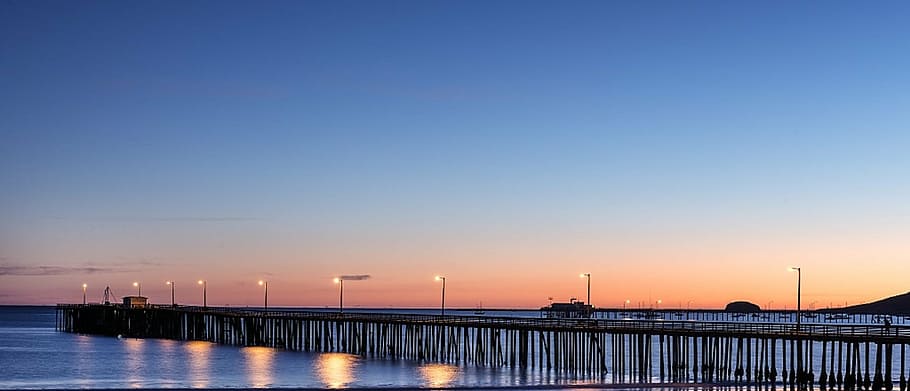 blue body of water, pier, sunset, ocean, landscape, scenic HD wallpaper