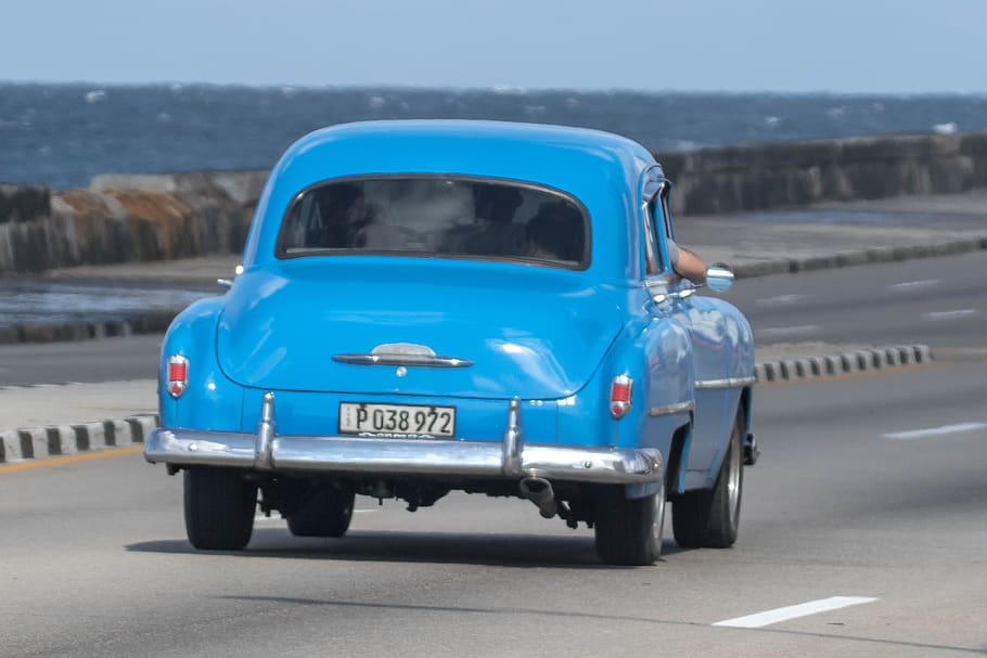 cuba havana, car, classic, almendron, malecon, blue, taxi, motor vehicle, HD wallpaper