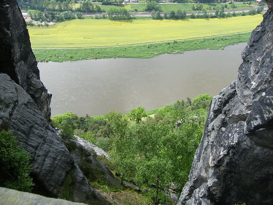 Schrammsteine, Elbe Sandstone Mountains, river, nature conservation, HD wallpaper