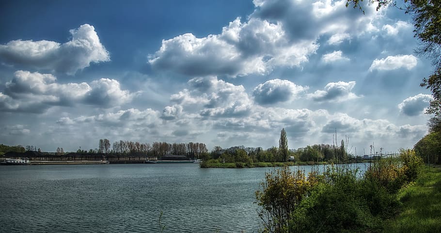 river, channel, waters, panorama, nature, sky, ship, blue, mood HD wallpaper