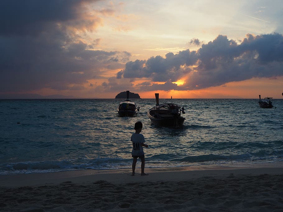 sunset, ocean, beach, longtail, boat, sea, sky, water, cloud - sky HD wallpaper