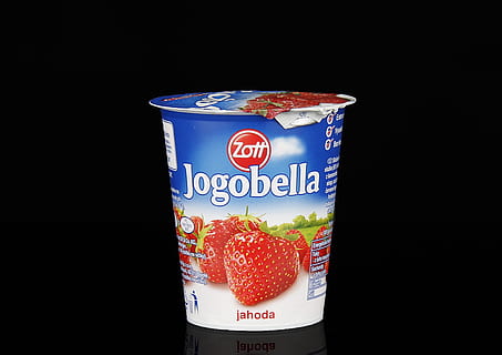 Zott Jogobella yogurt jar, Strawberry, Composition, lighting HD wallpaper