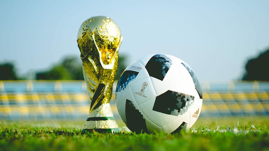 gold-colored trophy and soccerball, gold trophy beside soccer ball