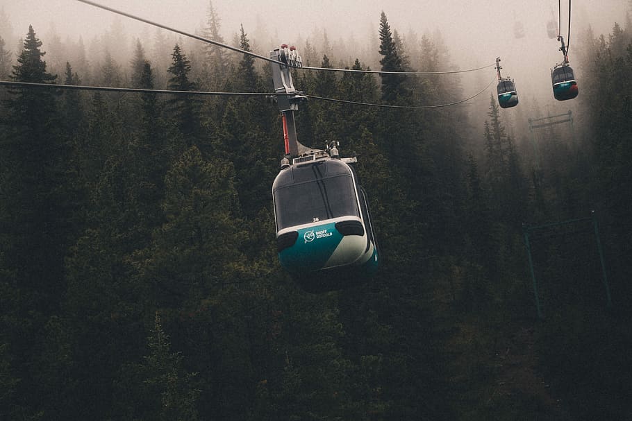 Canada Banff, cable cars with foggy trees background, cloud, forest HD wallpaper