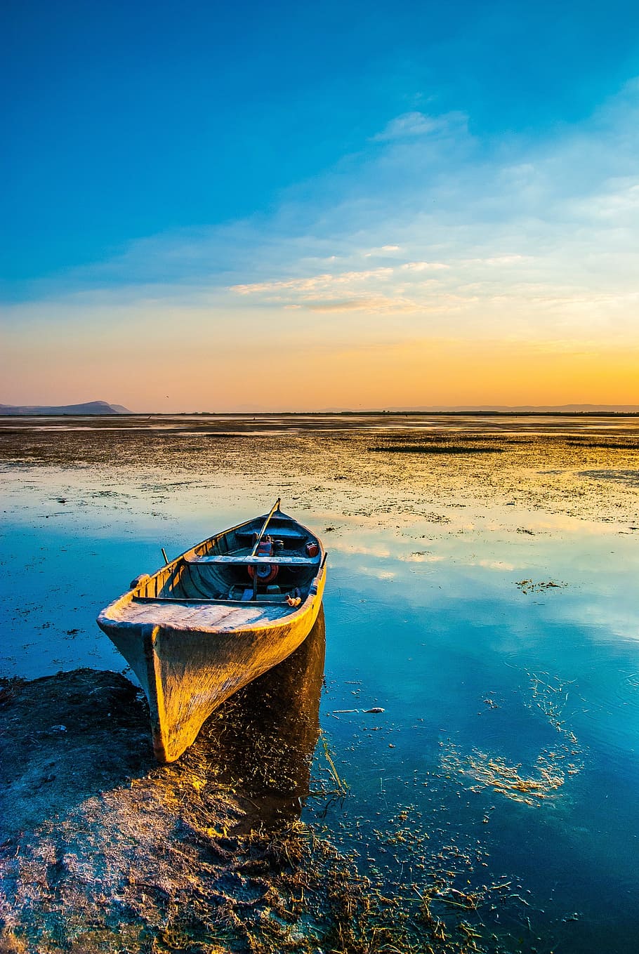 blue, sky, orange, cloud, sunset, sunrise, wooden, boat, water HD wallpaper