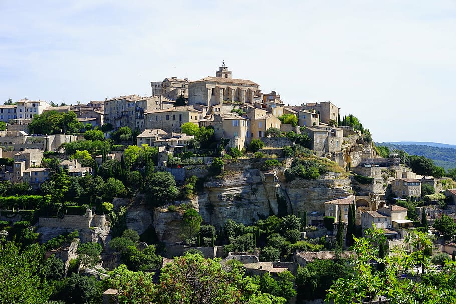 concrete buildings and trees, château de gordes, saint-firmin, HD wallpaper