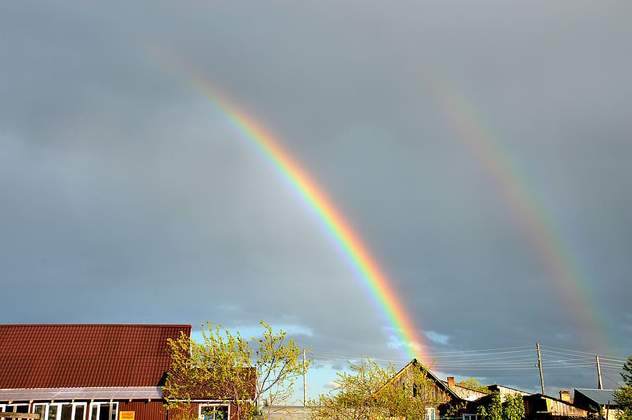 rainbow, sky, clouds, multi colored, architecture, beauty in nature HD wallpaper