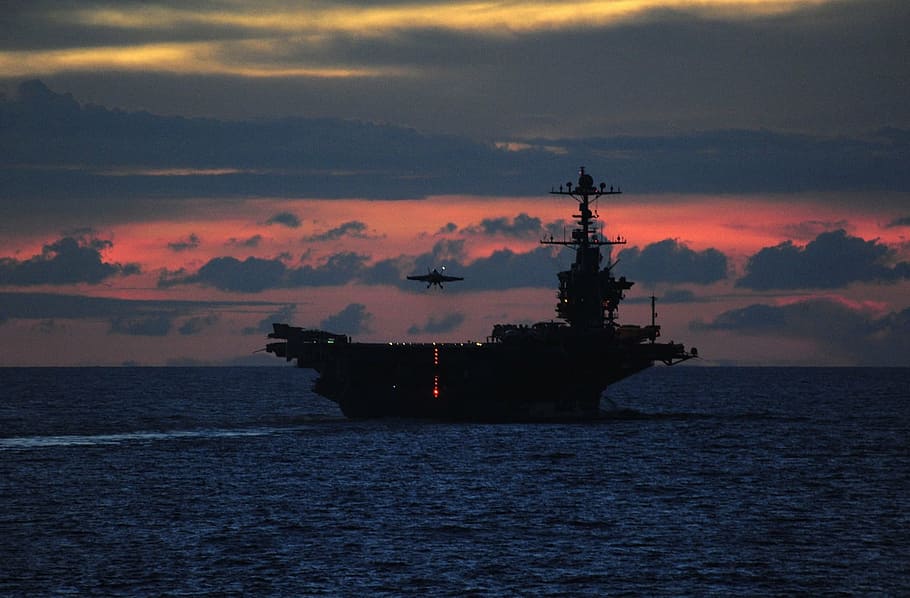 sunset, water, ocean, silhouette, dusk, sky, aircraft carrier, HD wallpaper