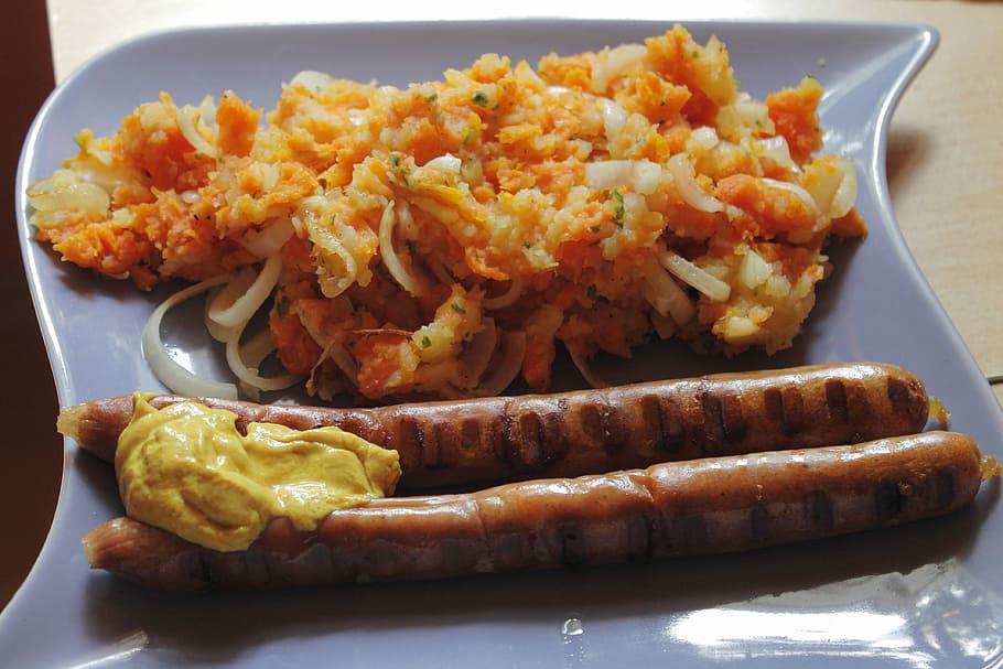 Bratwurst, Thuringian, Mashed Potatoes, eat, meal, food, delicious HD wallpaper