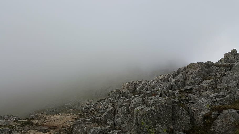 gray rock formation, fog, rocks, scary, mountain, nature, outdoors HD wallpaper