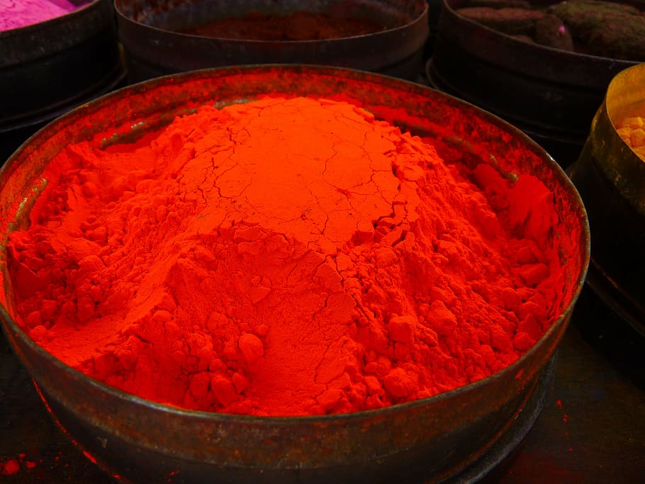 red powder in gray metal container, color, reddish, farbpulver HD wallpaper