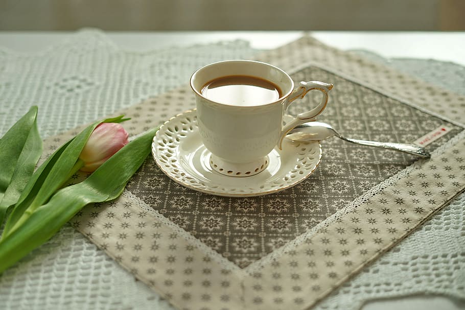 white ceramic tea cup with saucer, table, coffee, background, HD wallpaper