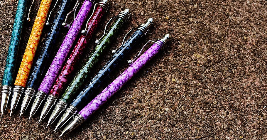 pen, writing implement, leave, office, colorful, office accessories HD wallpaper