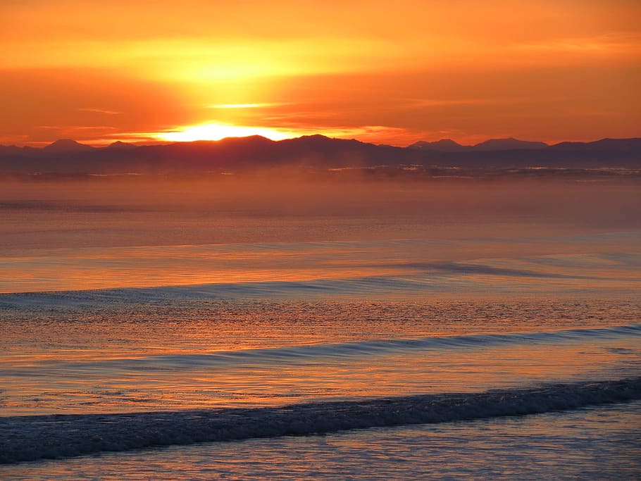 ocean, sunrise, wave, forward, surf, sunset, seascape, beach HD wallpaper