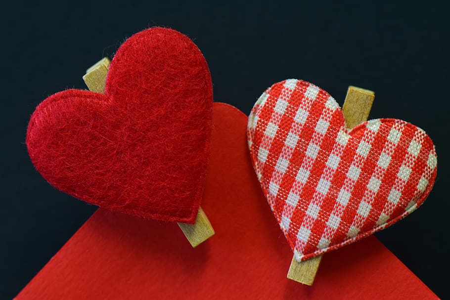 red and white fabric heart decors on red textile, envelope, letters, HD wallpaper