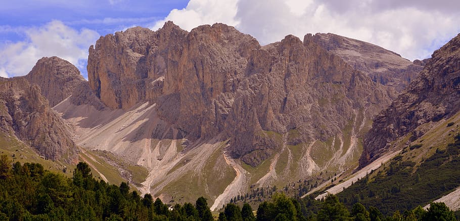 dolomites, mountain, prato, rock, clouds, sky, nature, landscape, HD wallpaper