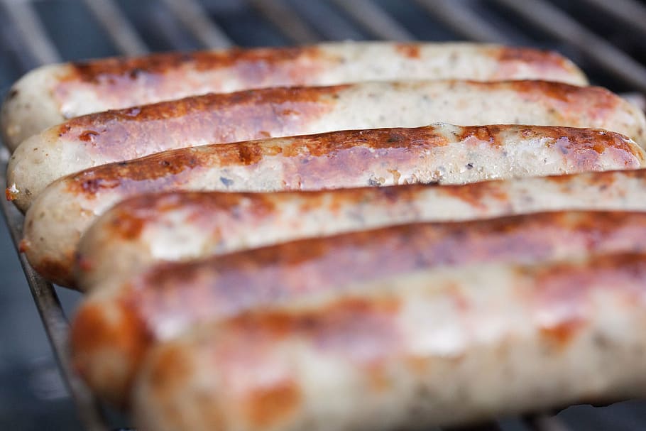 bratwurst, sausage, sausages, barbecue, grill, heat, stainless, HD wallpaper